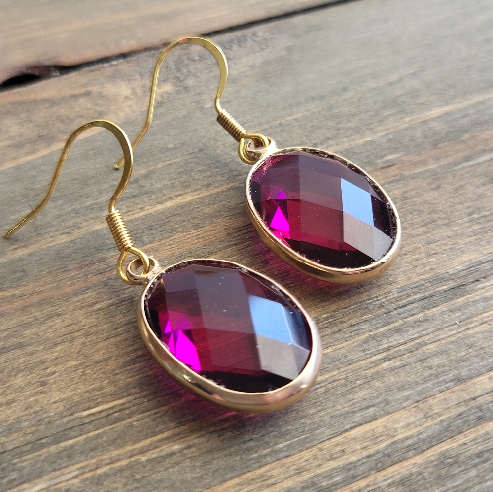 Magenta Ruby Crystal Gemstone Earrings- Handmade Earrings- Pink and Gold- Gold E